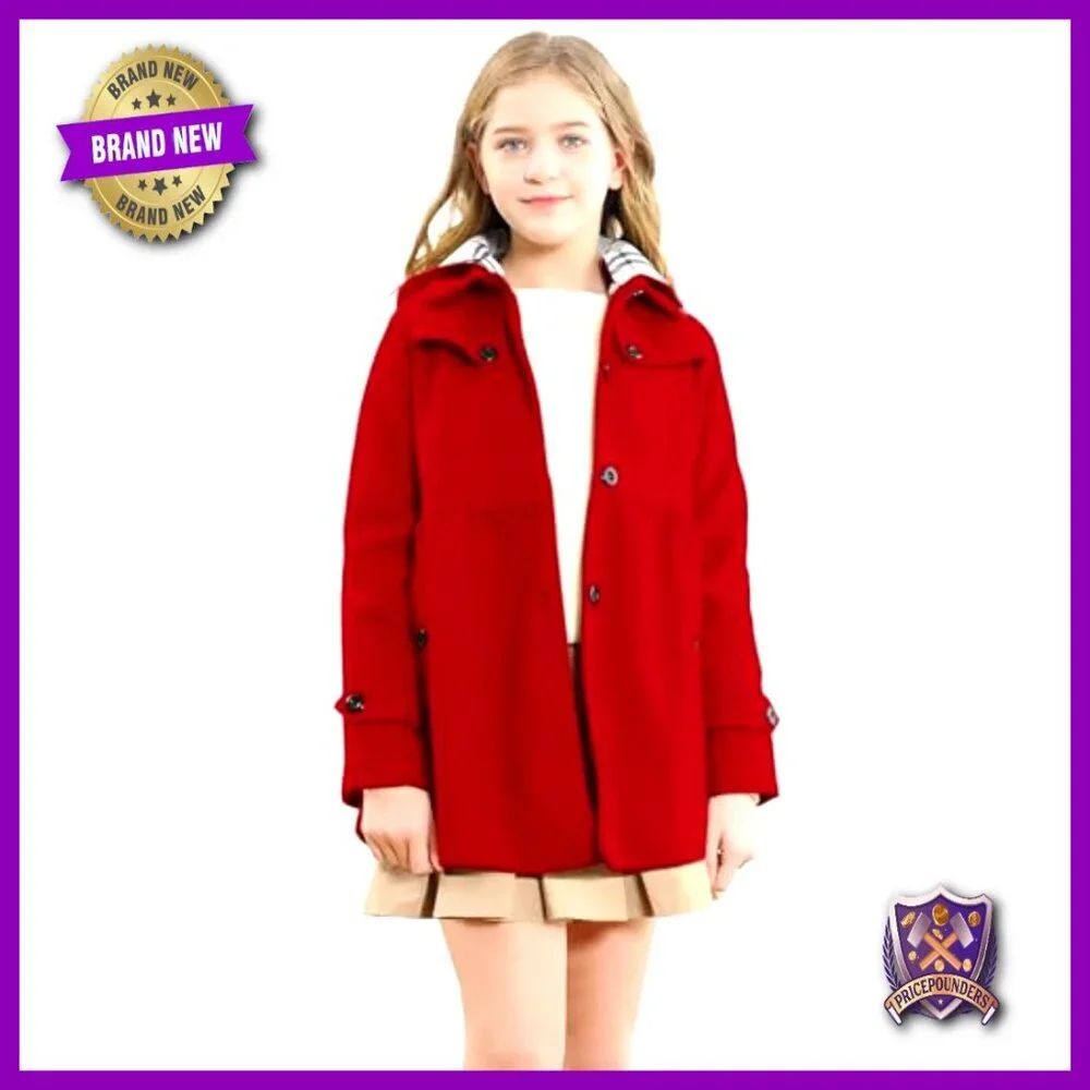 Girls Wool Blend Hooded Peacoat Classic Chic Outerwear Fall Winter Cozy